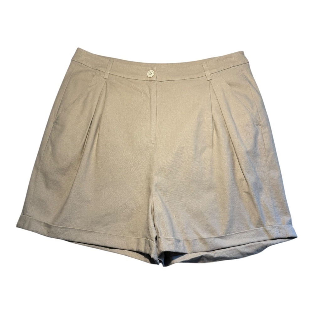Open Edit Tan Oxford Linen‎ Blend Pleated Shorts Womens Size Small
